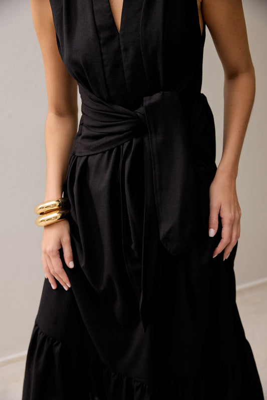 VESTIDO LONGO COM DECOTE E AMARRAÇÃO KRONNE