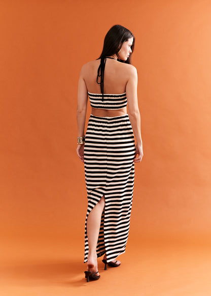 VESTIDO LONGO COM DECOTE LISTRAS KRONNE