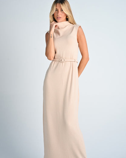 VESTIDO LONGO KRONNE GOLA ALTA E CINTO