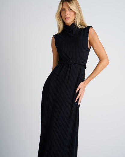 VESTIDO LONGO KRONNE GOLA ALTA E CINTO