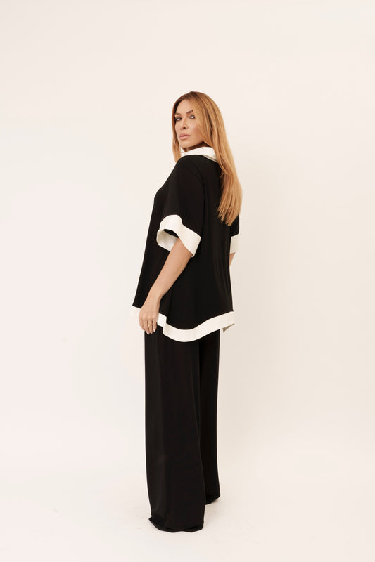 CONJUNTO BLUSA RECORTES P&B + CALÇA CÓS ELÁSTICO KRONNE