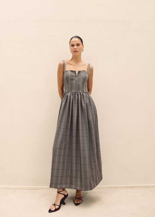 VESTIDO LONGO DECOTE V XADREZ KRONNE
