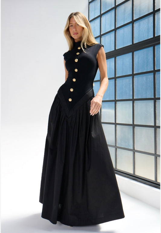 VESTIDO LONGO KRONNE GOLA ALTA COM BOTÕES