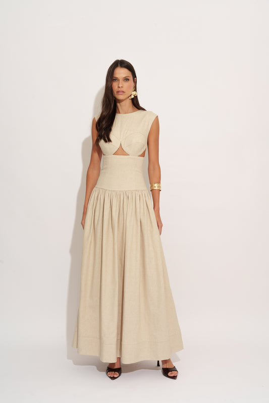 VESTIDO RECORTES BUSTO LINHO KRONNE
