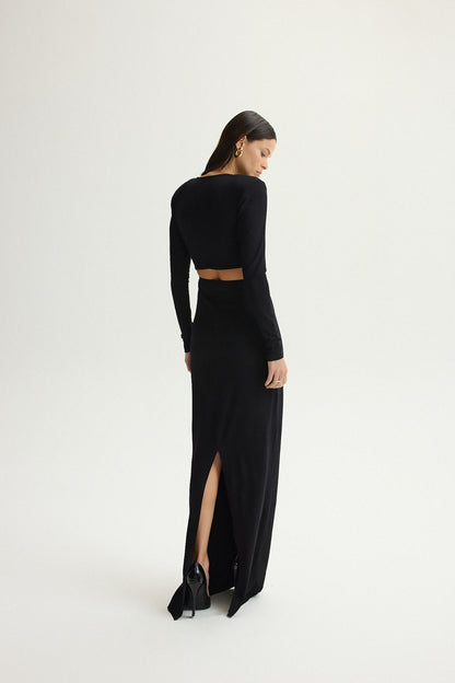 VESTIDO LONGO KRONNE RECORTADO COM AVIAMENTO