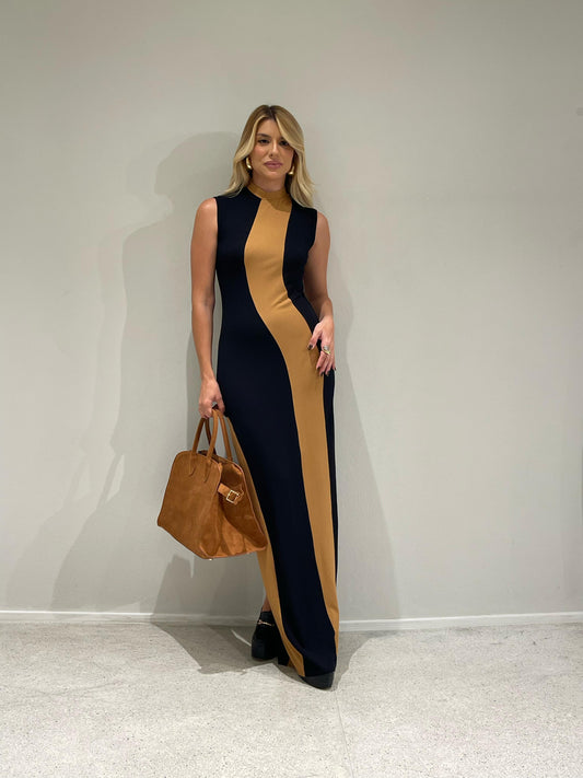 VESTIDO KRONNE GOLA ALTA RECORTES BICOLOR